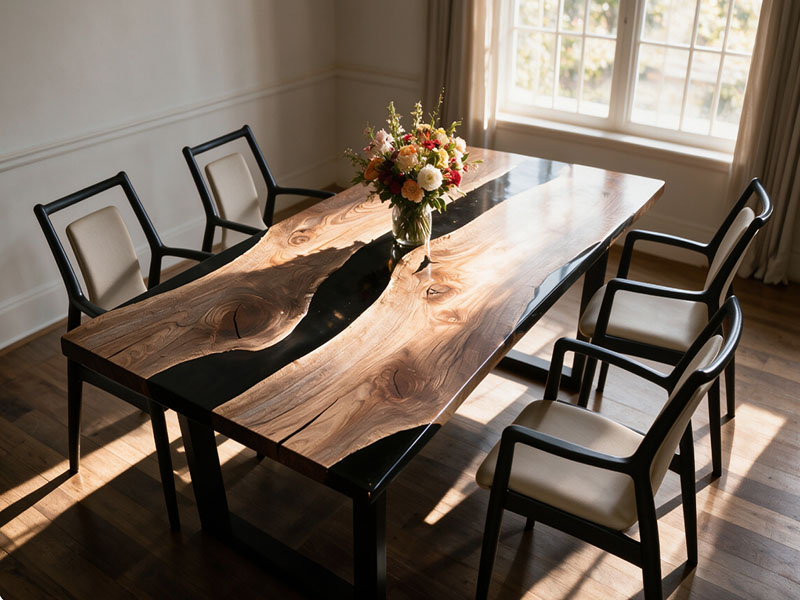 Classical Live Edge Black Walnut Epoxy River Wood Table T2614