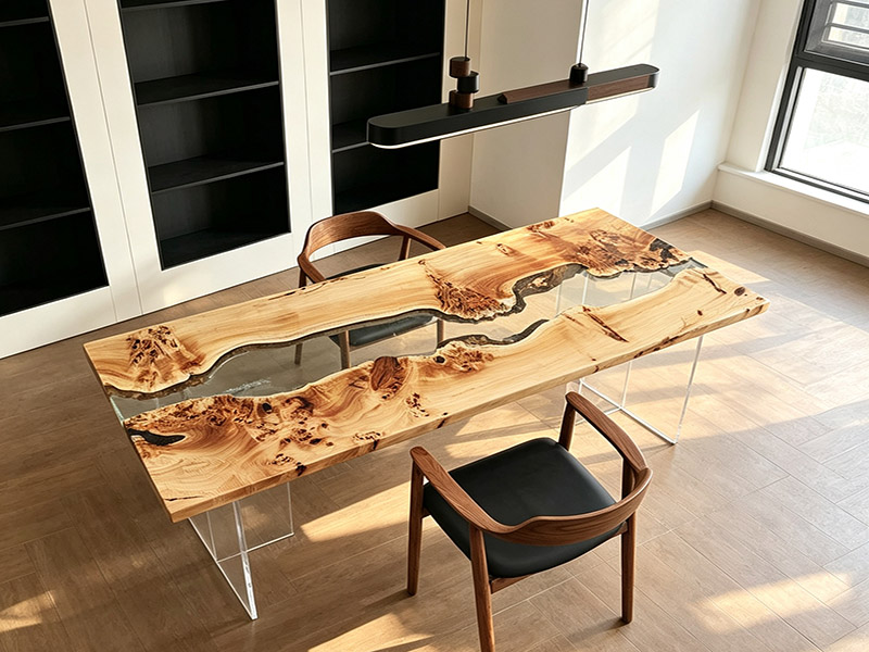 Modern Live Edge European Poplar Burl Clear Resin Wood Table T260801