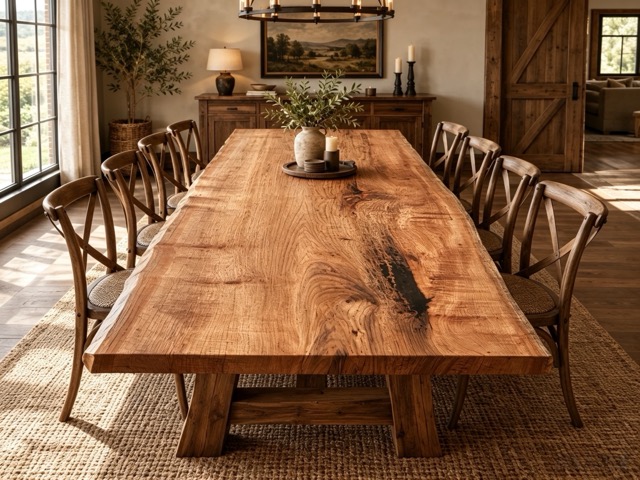 Rustic Red Oak Dining Table with Natural Live Edge  R261013
