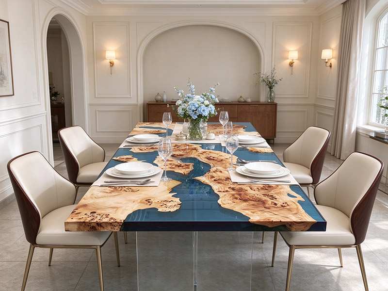 Poplar Burl Wood Blue River Epoxy Dining Table  T261013